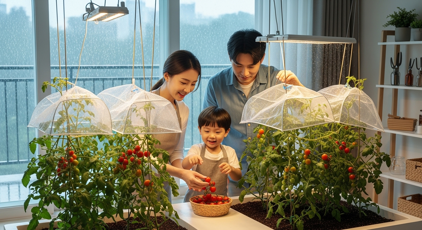 가족들이 비닐 덮개로 보호된 실내에서 토마토를 수확하는 모습