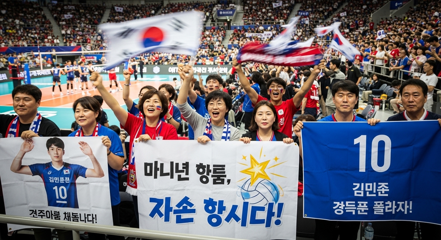 스포츠 경기장에서 응원 플래카드를 들고 있는 열정적인 팬들