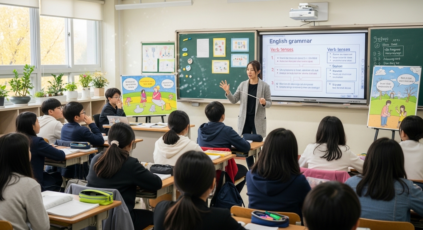 교실에서 시각 자료와 스토리텔링 방식으로 영어 문법 수업을 듣는 학생들
