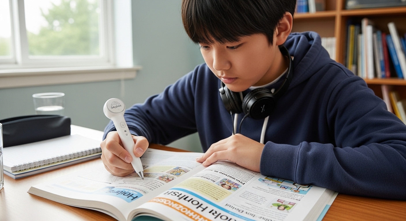 세이펜으로 교재 오디오 예문을 듣고 있는 학생 모습
