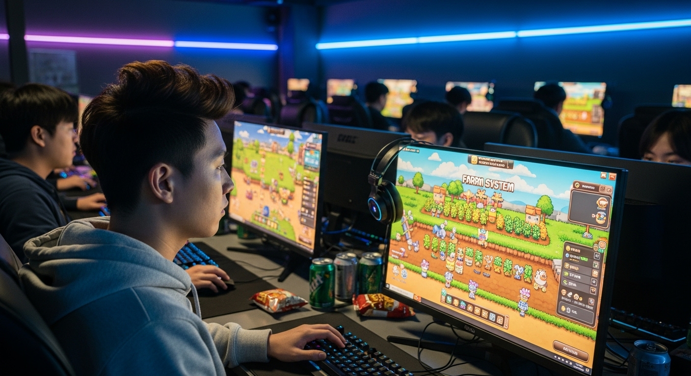 컴퓨터 게임 카페에서 메이플스토리 게임에 집중하는 젊은 게이머의 모습