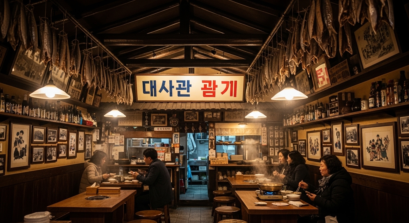 오래된 장식과 함께 말린 생선이 걸려있는 아늑한 맛집 내부