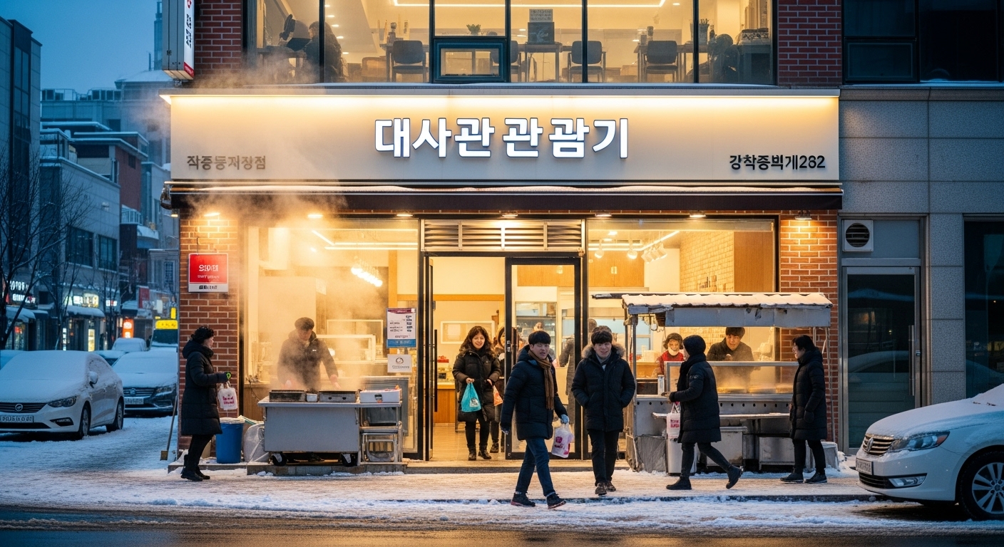 겨울 저녁 불빛이 환하게 비치는 양학동 대사관 과메기 외부 모습