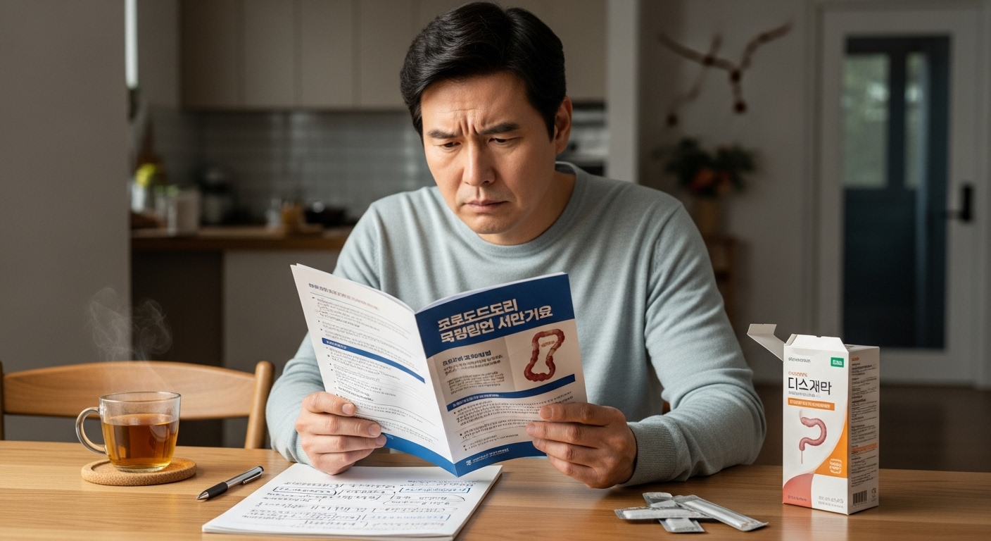 대장내시경 준비에 대해 집에서 팸플릿을 읽고 있는 남성의 모습