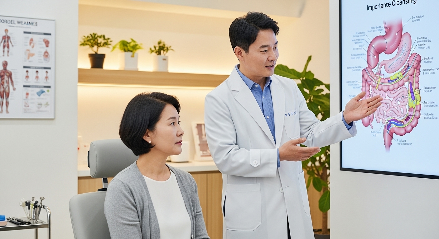 현대적인 진료실에서 환자에게 장정결의 중요성을 설명하는 의사의 모습