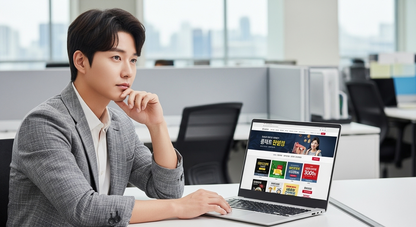 사무실 책상에 앉아 노트북 화면에서 할인 쿠폰 웹사이트를 보는 직장인의 모습