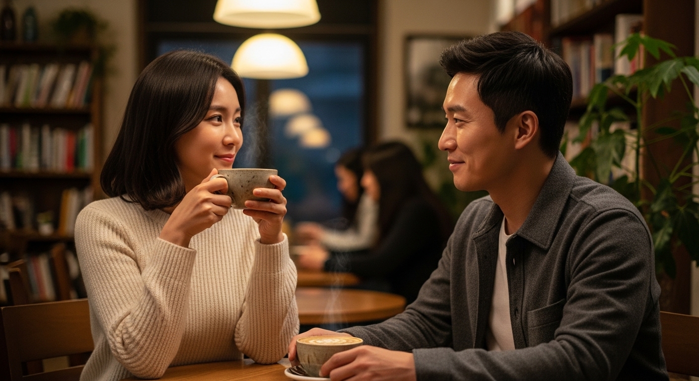 홍대 카페에서 커피를 마시며 은은하게 미소 짓는 한국 커플