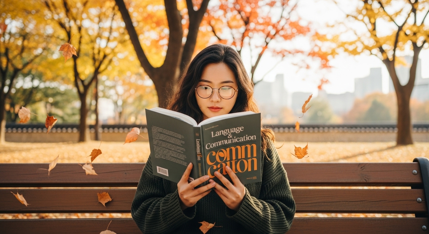 가을날 서울 공원의 벤치에서 책을 읽고 있는 젊은 여성