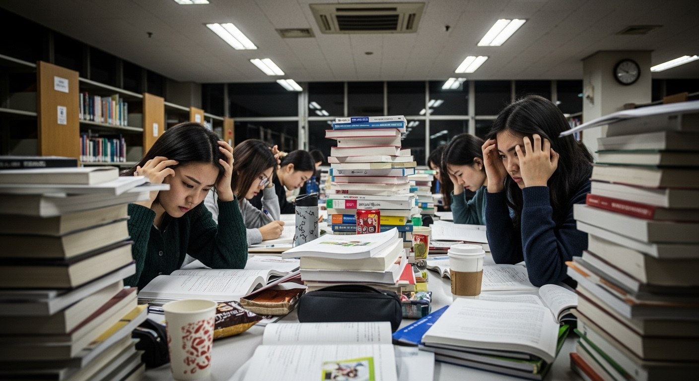 도서관에서 공부하며 스트레스를 받는 수험생들의 모습