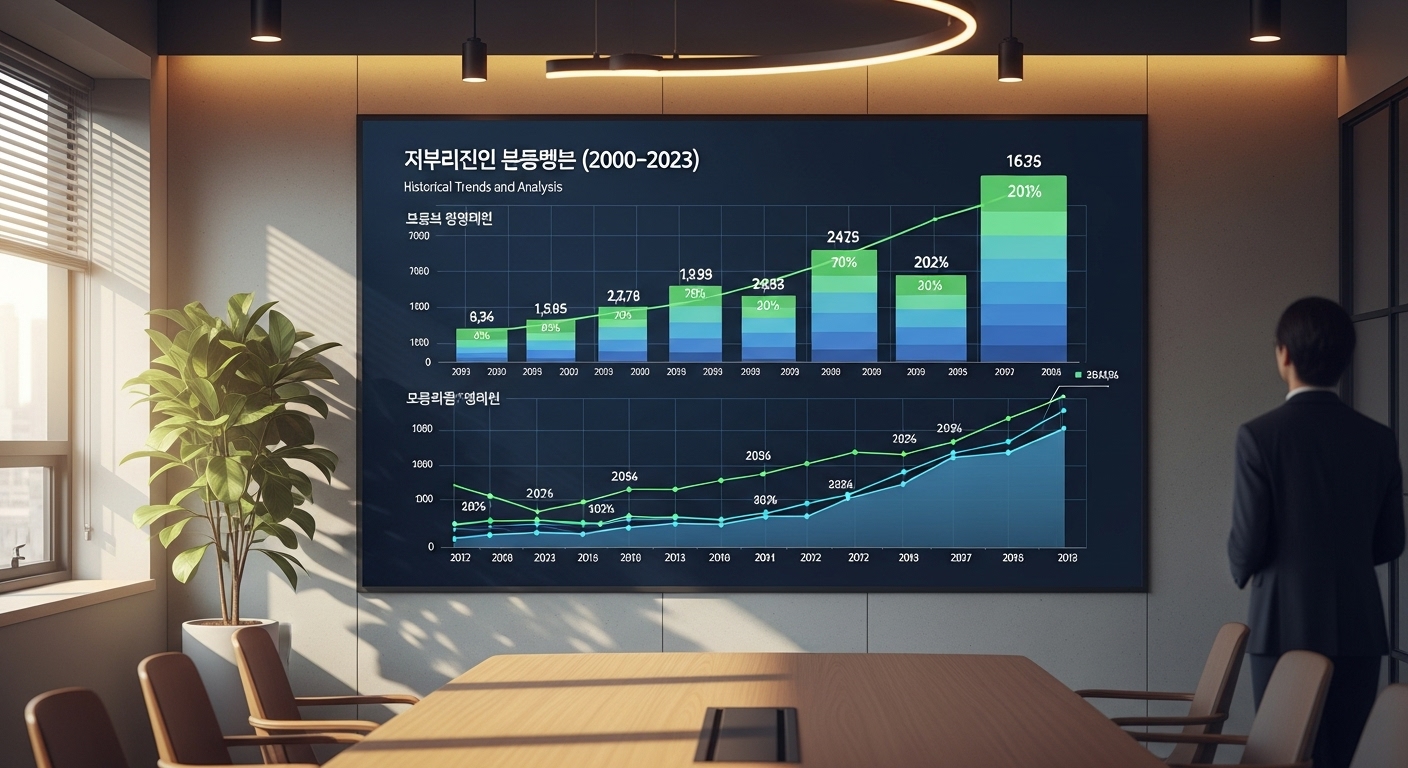 사무실에서 한국의 자격시험 합격률을 보여주는 통계 그래프와 차트