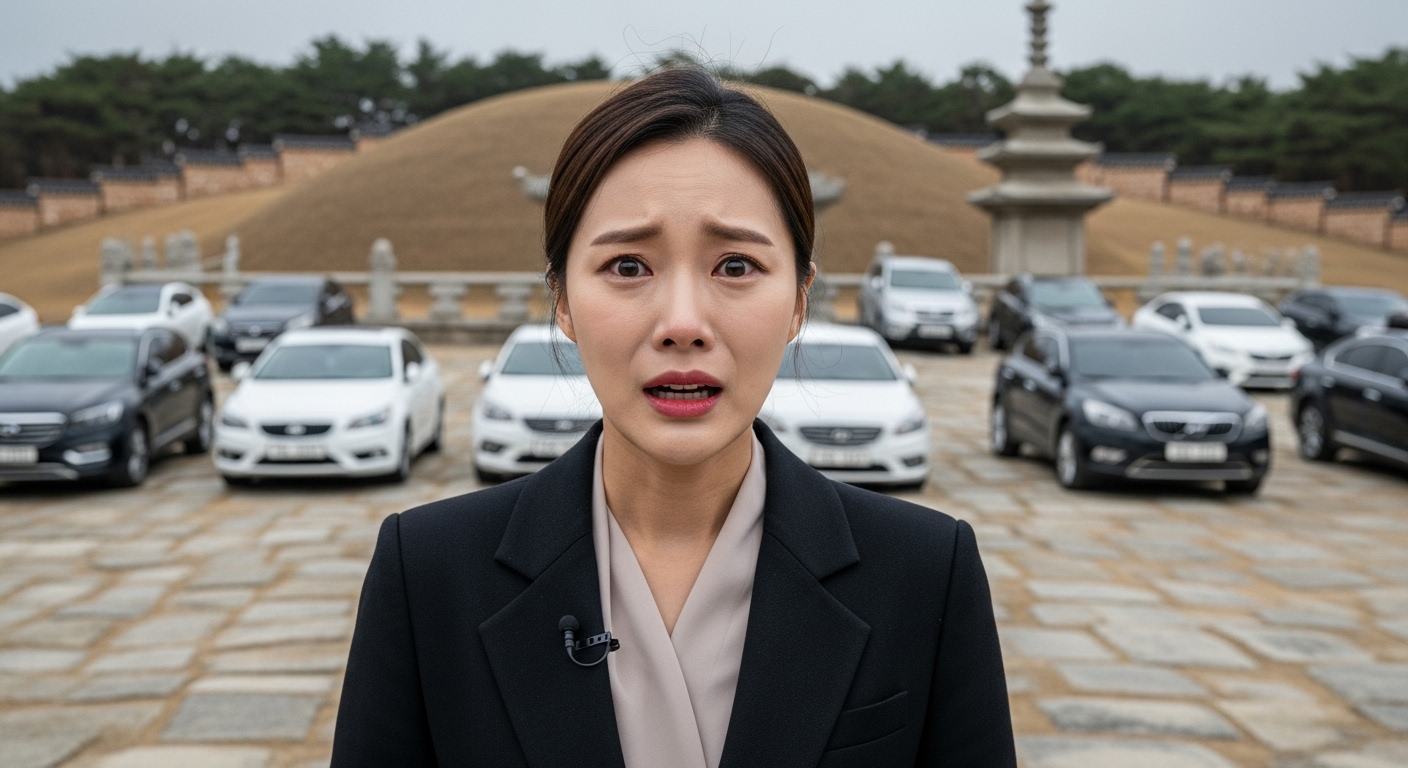 한국 뉴스 리포터가 참사 현장에서 충격과 불신의 감정을 표현하며 서 있는 모습