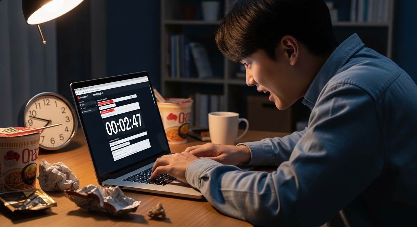 집에서 시계를 보며 온라인으로 서둘러 신청서를 작성하는 청년