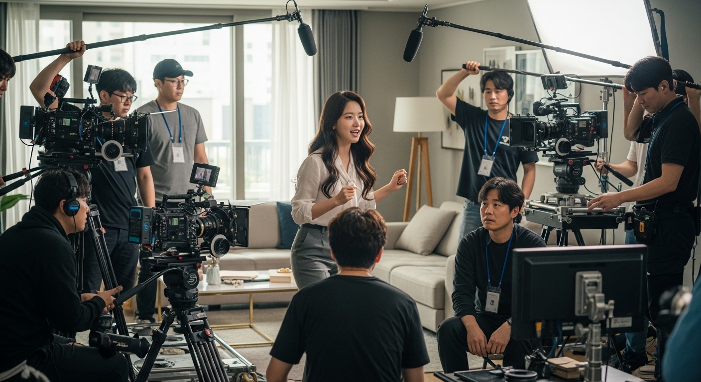 웹드라마 촬영 현장에서 활발하게 움직이는 젊은 여배우