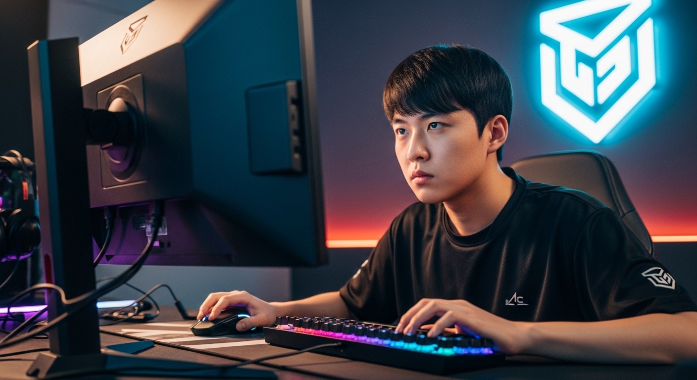 컴퓨터 화면을 집중하는 젊은 e스포츠 선수의 모습