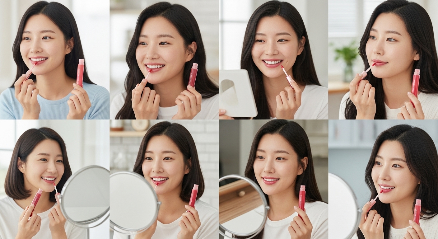 다양한 마몽드 립 틴트를 바르고 만족하는 사용자의 행복한 모습
