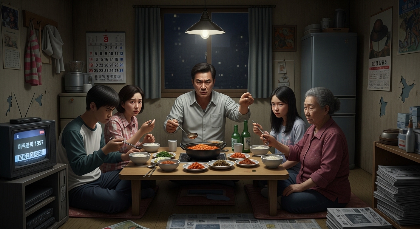 일본 경제 버블 붕괴 시기에 긴장된 분위기의 가족 식사 장면