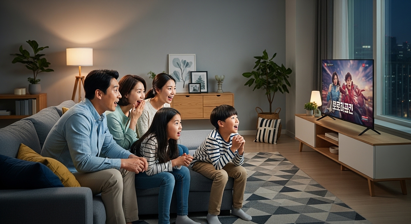 현대적인 거실에서 TV를 시청하며 기대감에 찬 가족의 모습