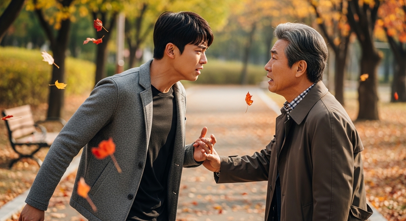 가을 공원에서 젊은 남성과 나이 든 남성이 감정적으로 대면하는 장면
