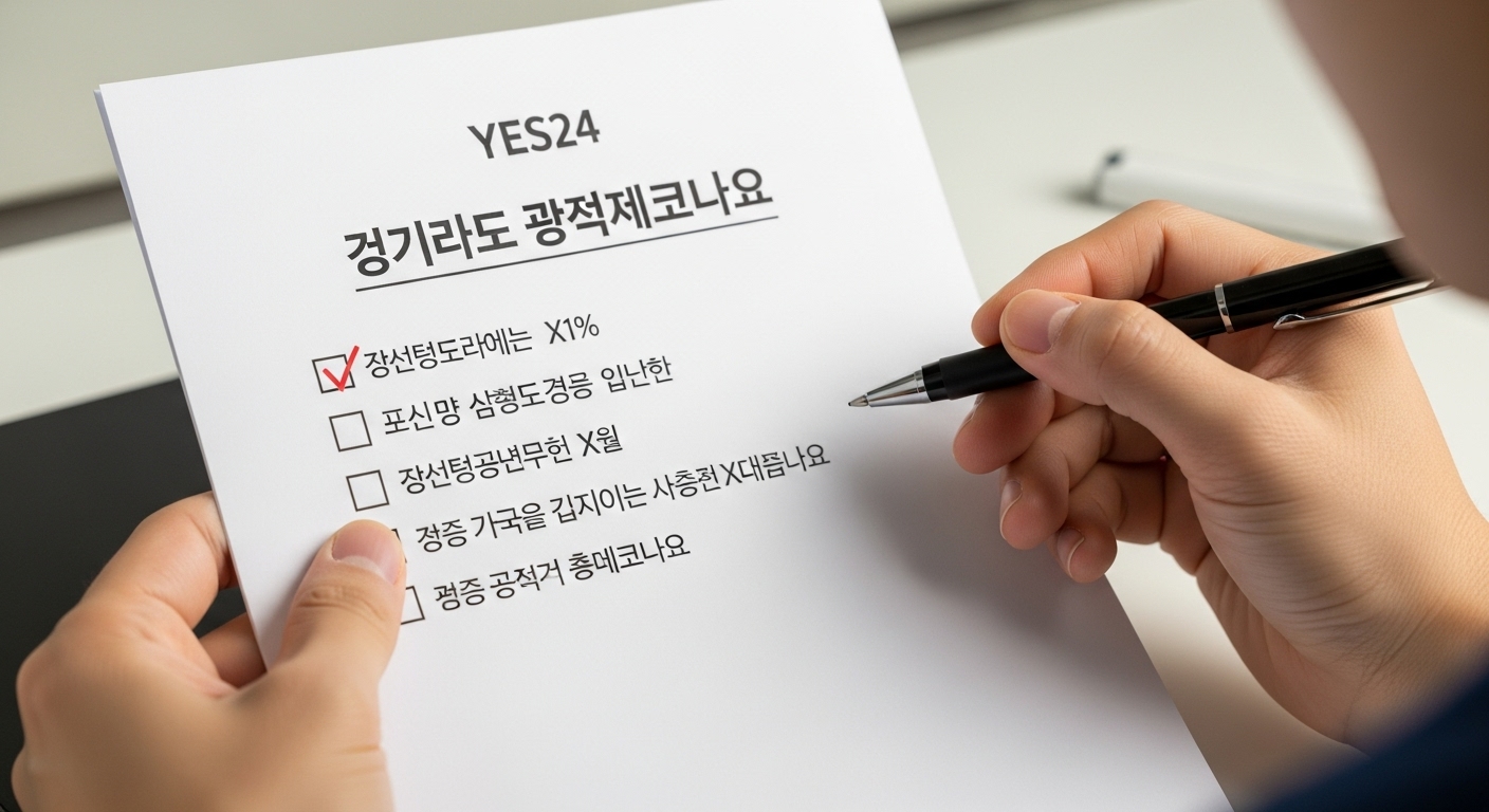 손으로 체크리스트를 들고 예스24 플랫폼의 환불 조건을 검토하는 모습