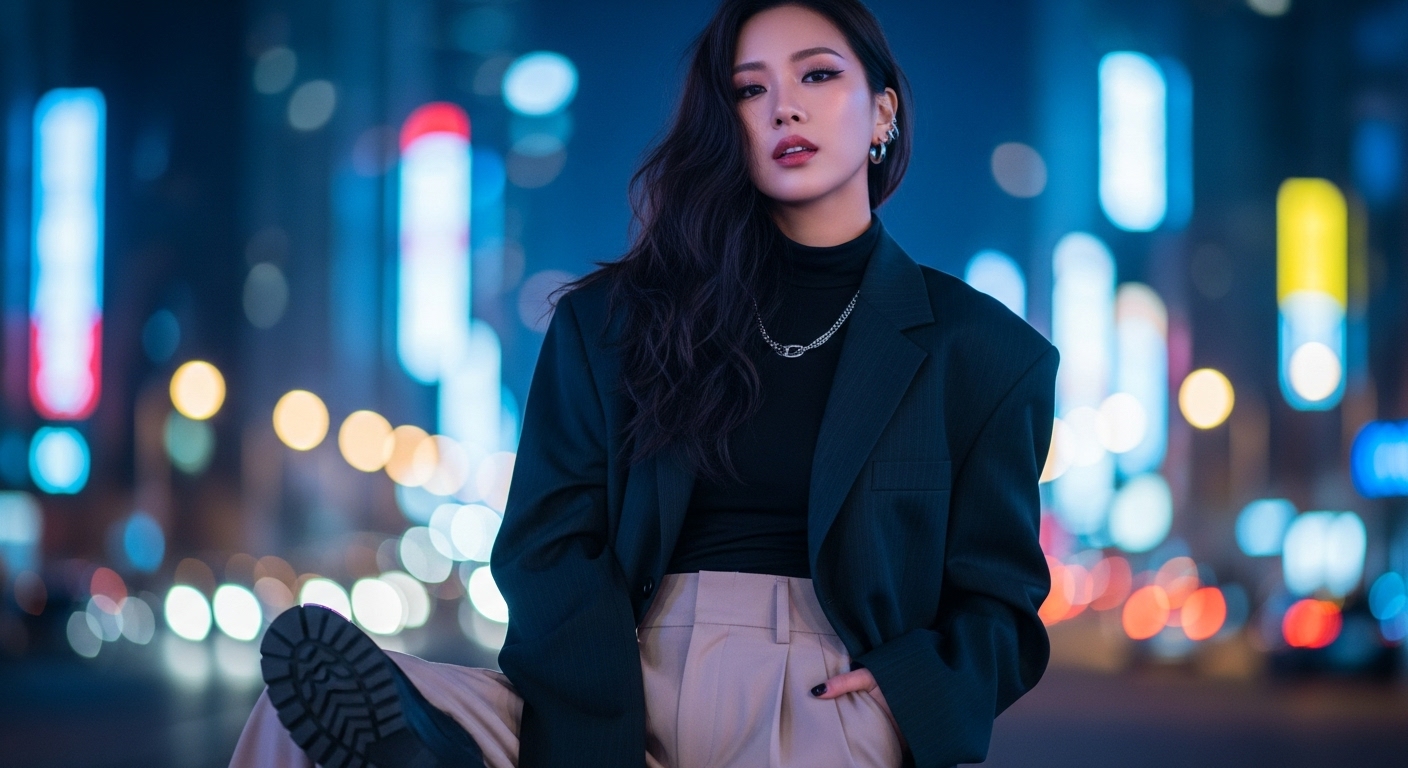 도시 야경 속에서 신비로운 매력을 가진 젊은 여성이 서 있는 모습