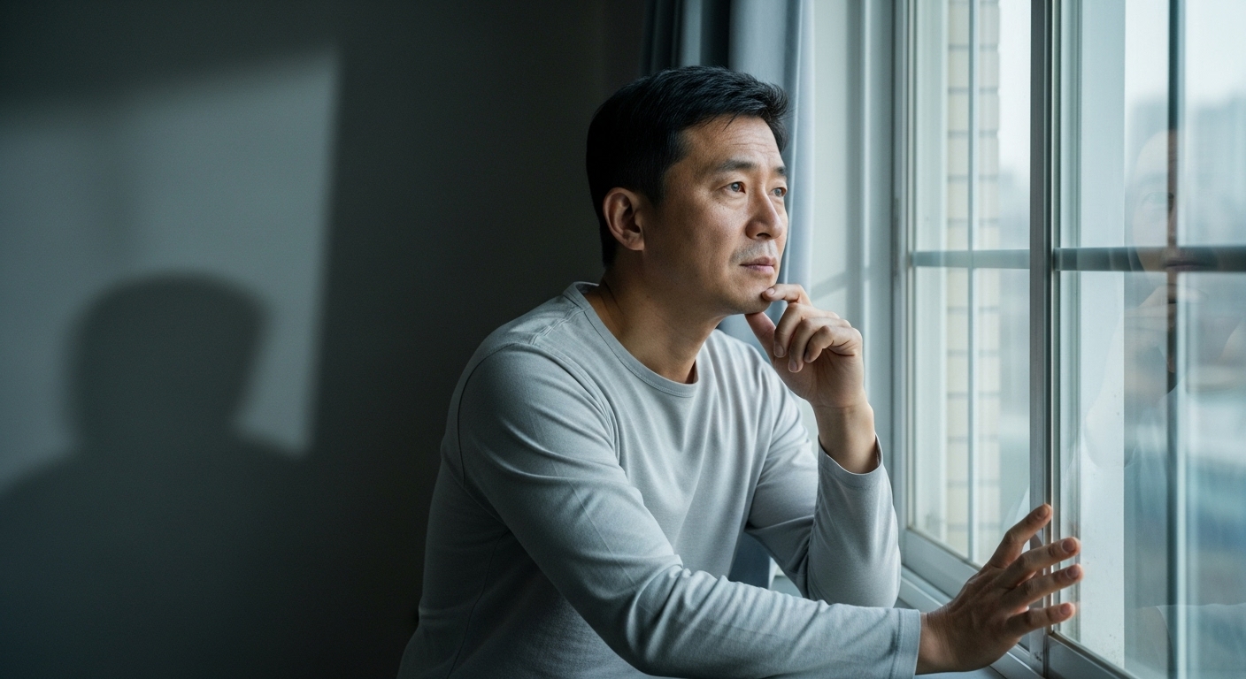 창밖을 바라보며 미래를 고민하는 남성