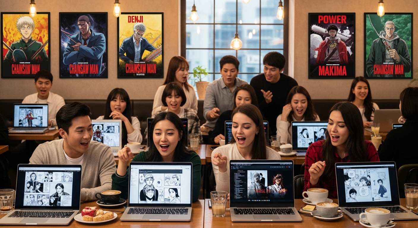 카페에서 노트북을 보며 체인소맨 후속작에 대해 토론하는 팬 커뮤니티