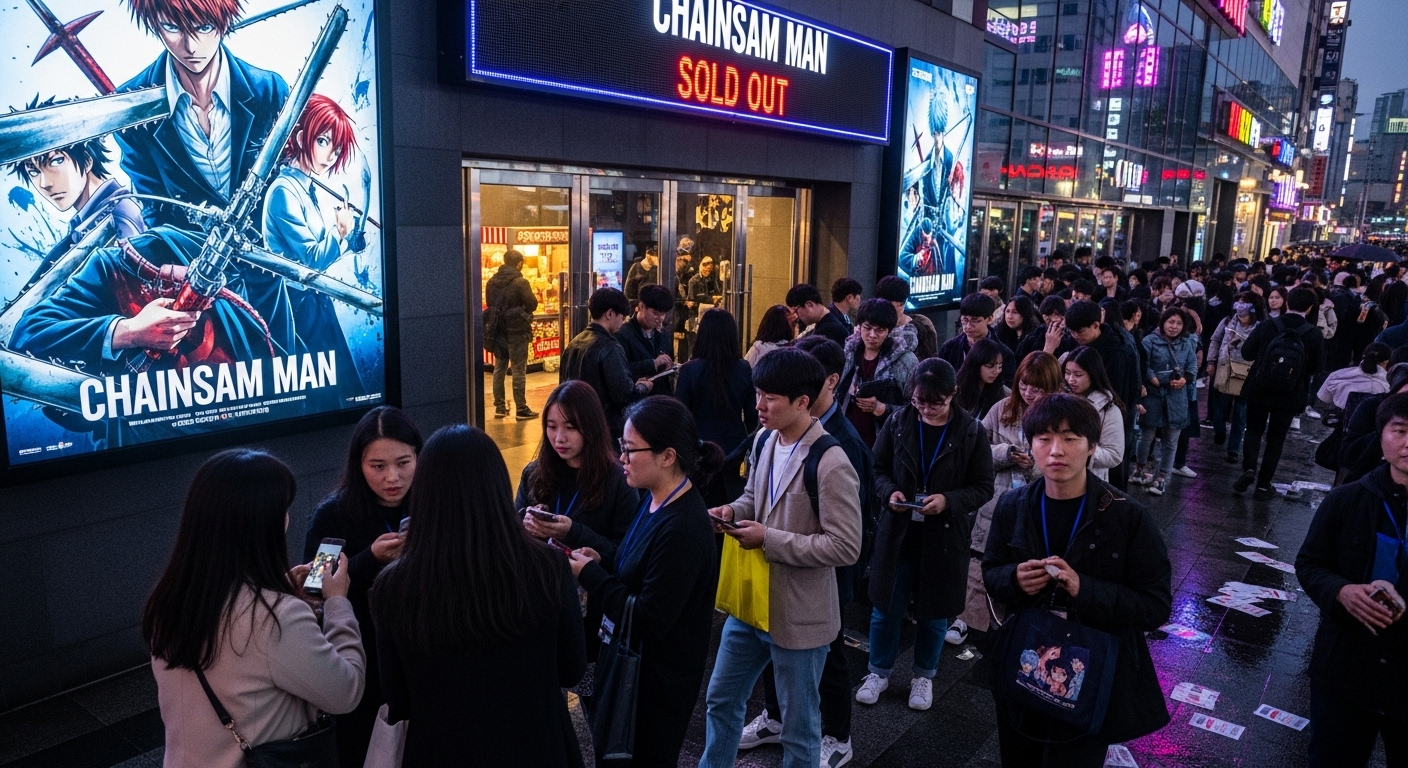 많은 관객이 모여있는 한국 영화관 입구와 체인소맨 포스터