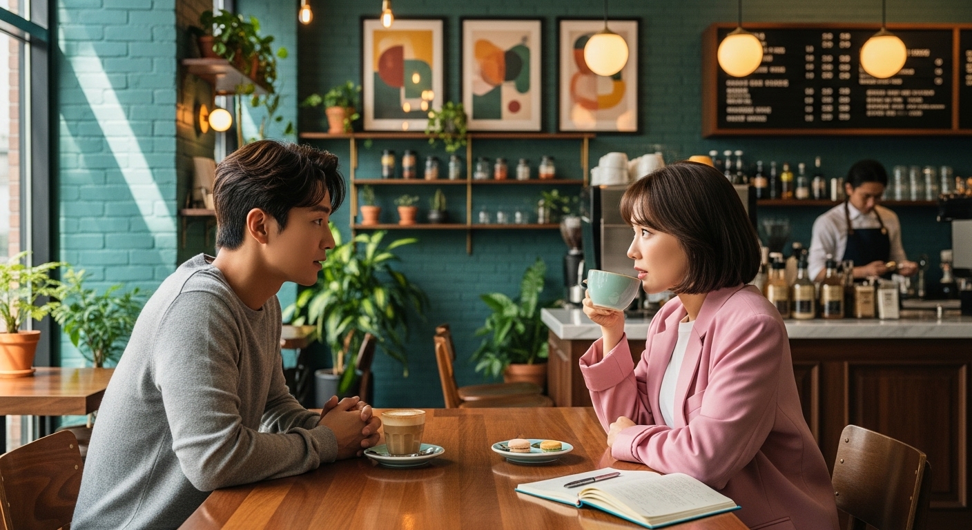 세련된 카페에서 인생과 결혼에 대해 토론하는 현대 한국 커플
