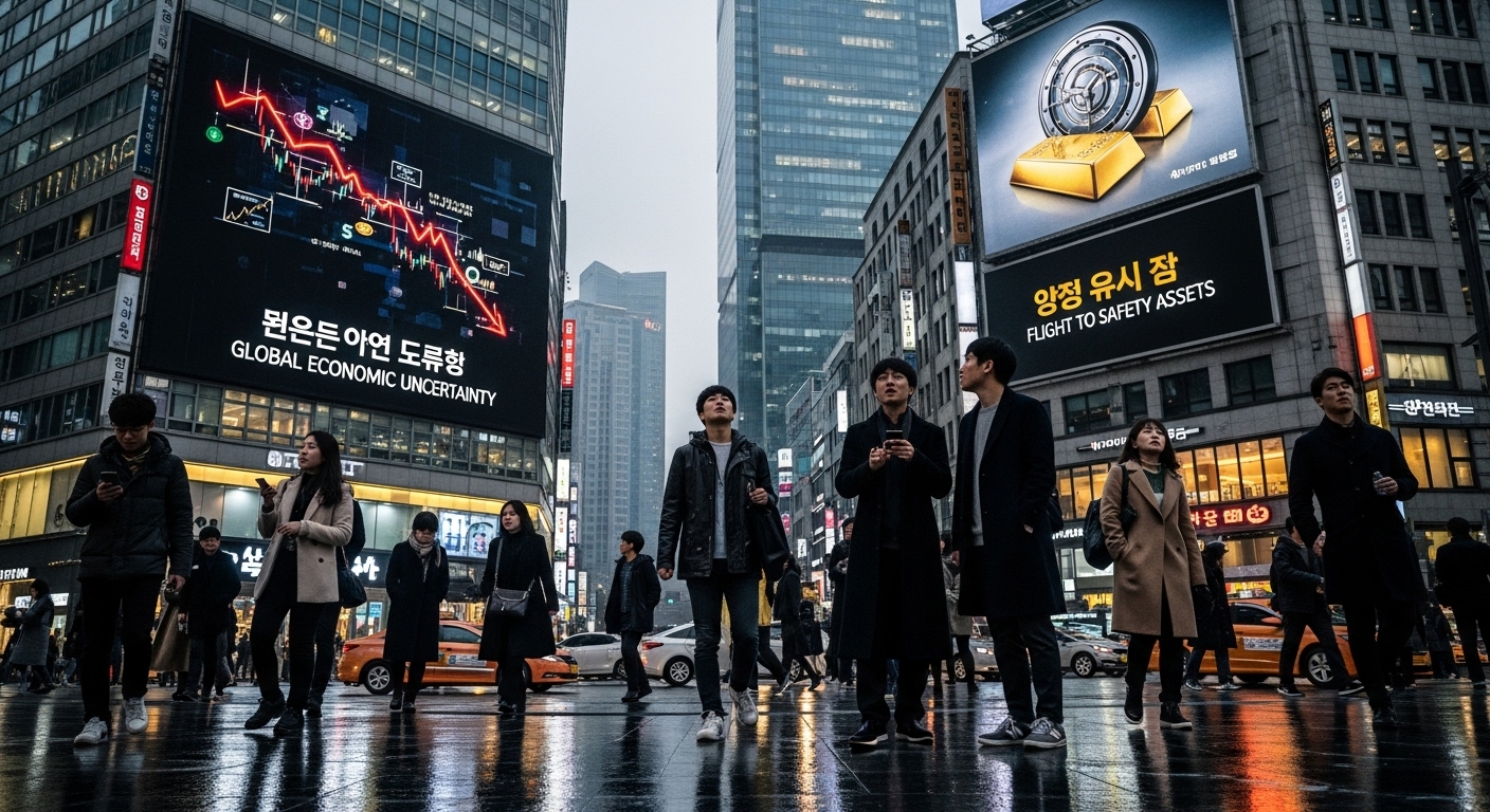 서울 거리에서 경제 불확실성과 안전자산 선호 메시지가 나타나는 디지털 광고판과 현대적인 패션의 보행자들