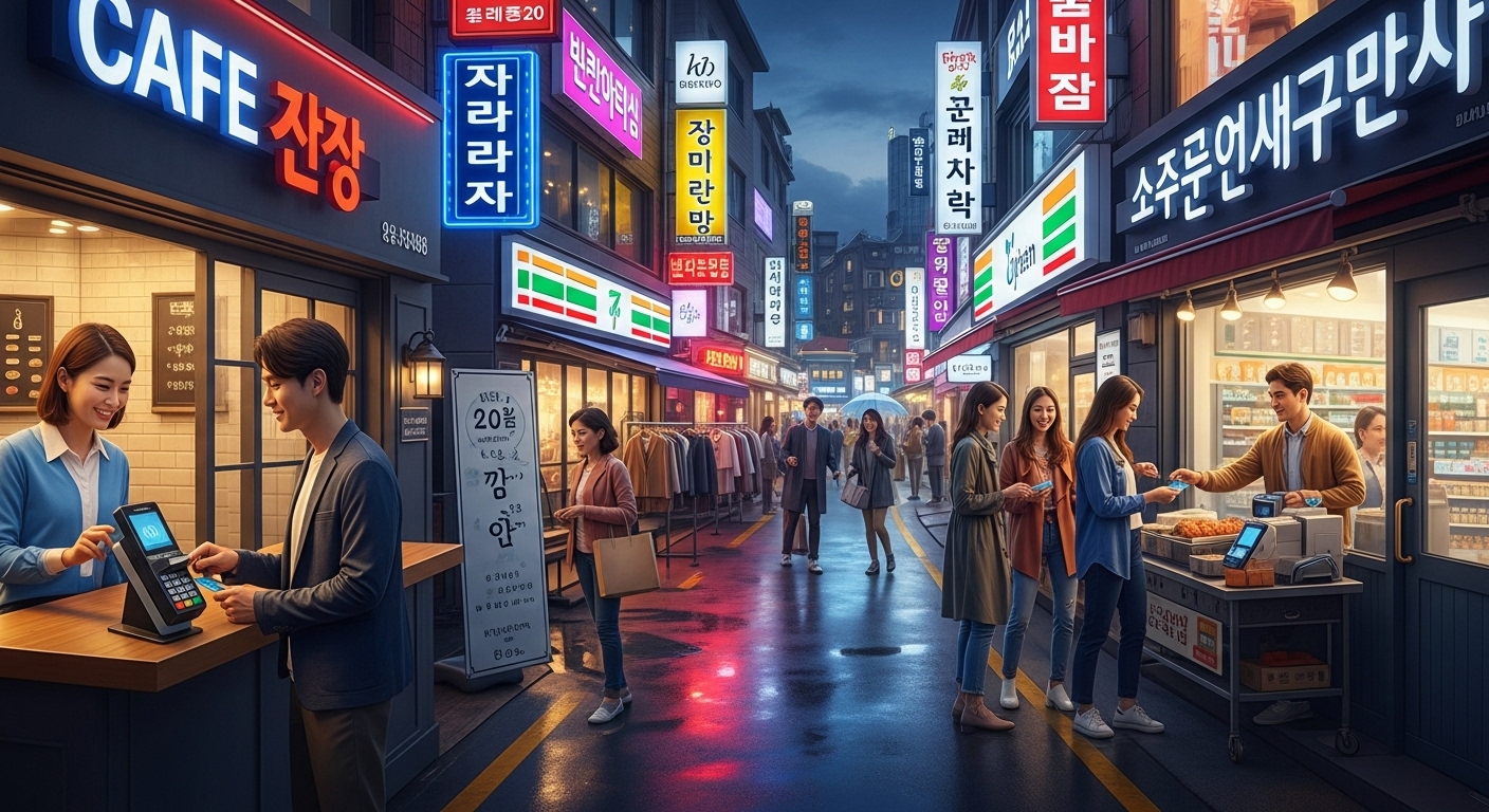 소상공인 매장에서 고객들이 신용카드를 사용하는 활기찬 거리