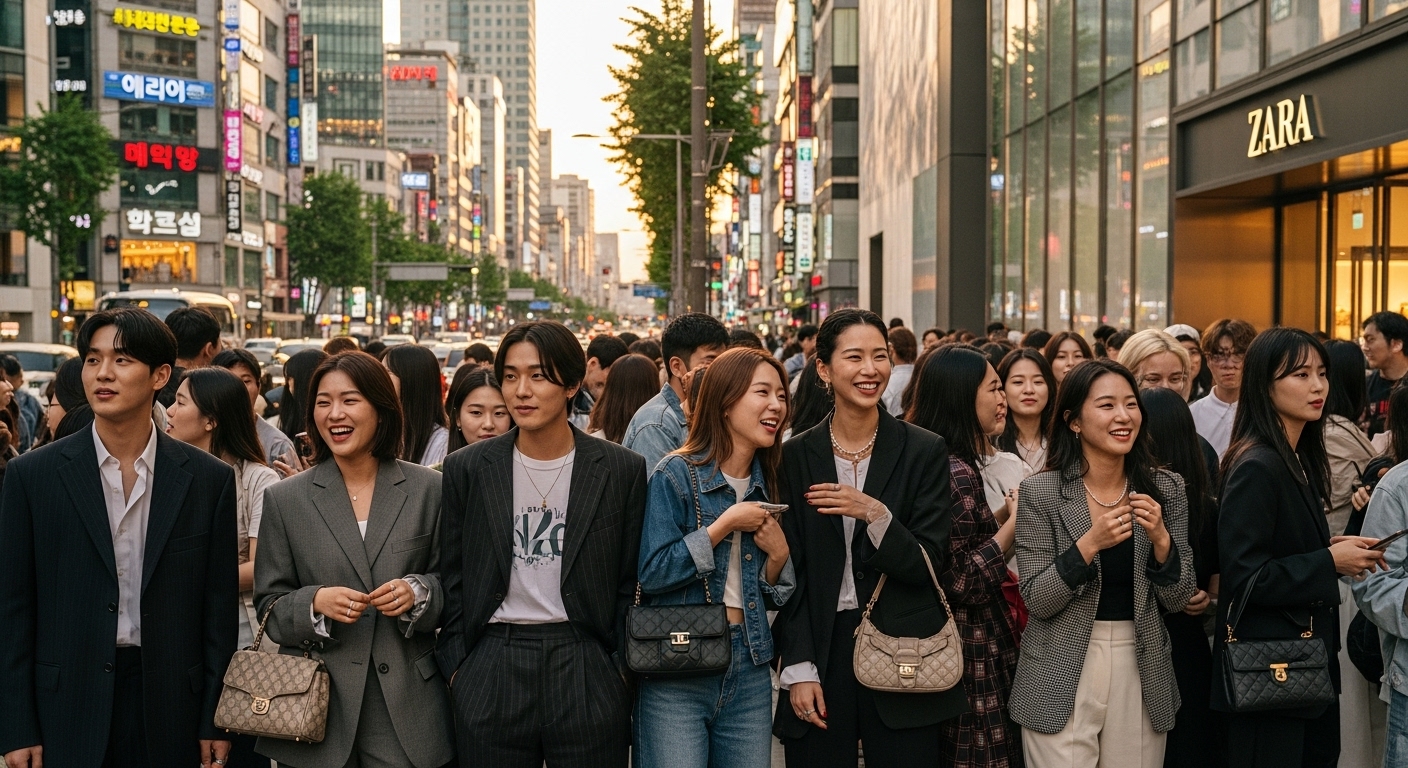 패션을 즐기는 젊은이들이 자라 세일을 기대하며 설레는 모습