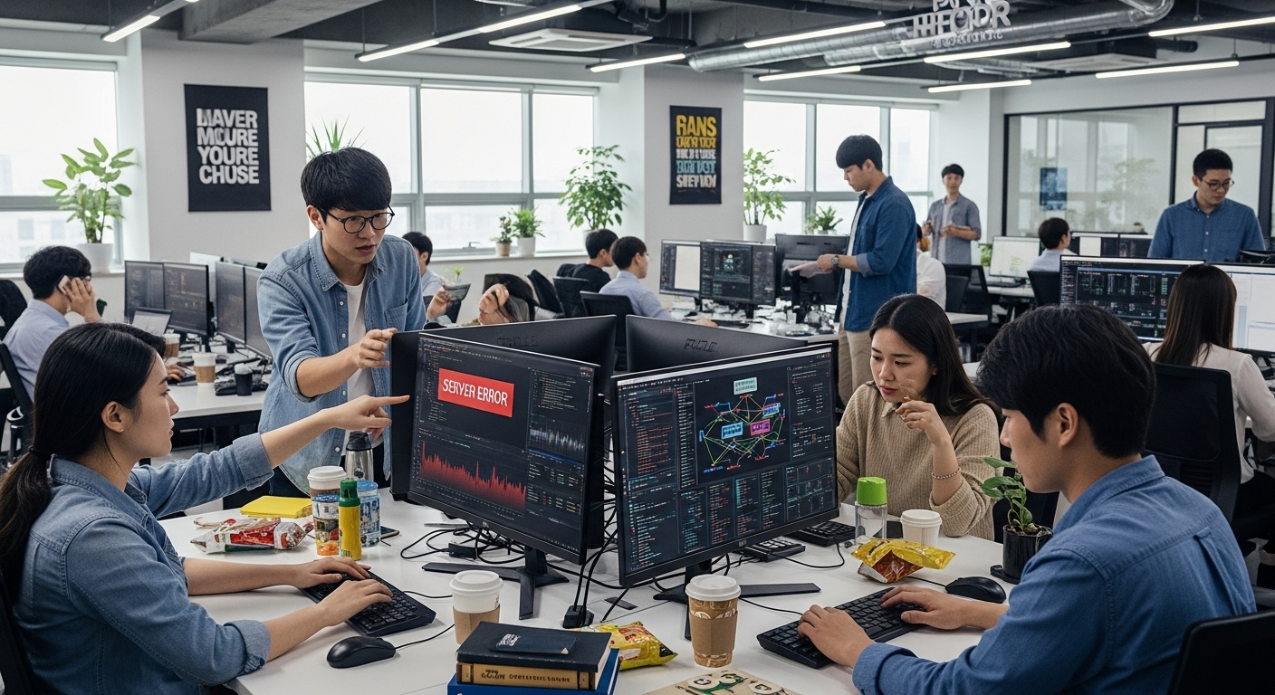 배포 중 서버 오류를 겪고 있는 한국 스타트업 사무실 풍경