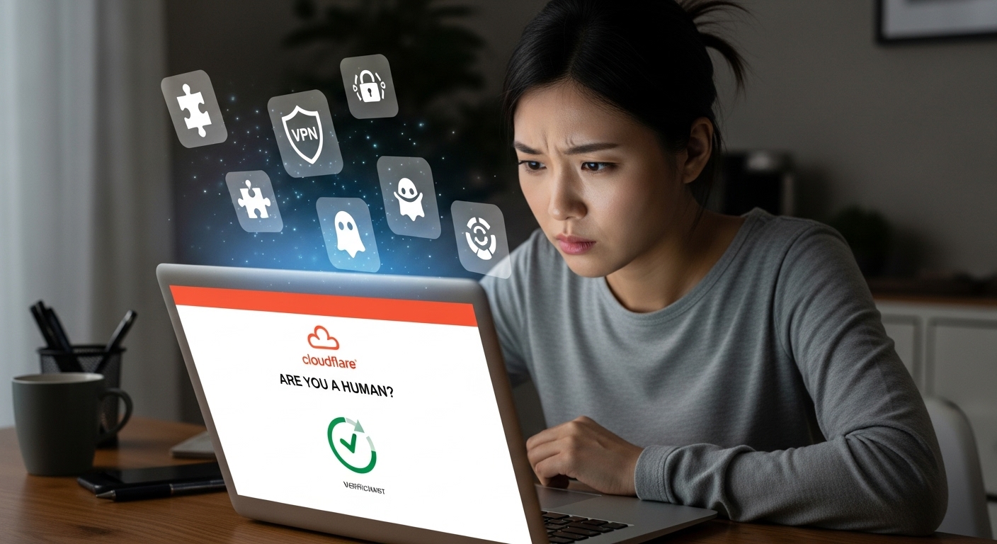 노트북 화면을 보고 좌절한 여성과 VPN 및 브라우저 확장 아이콘들