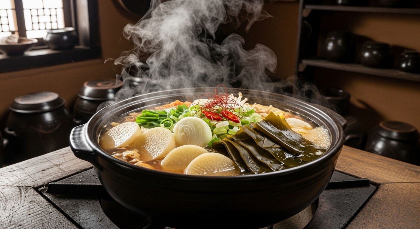 육수를 끓이는 냄비와 재료들이 놓인 전통적인 주방