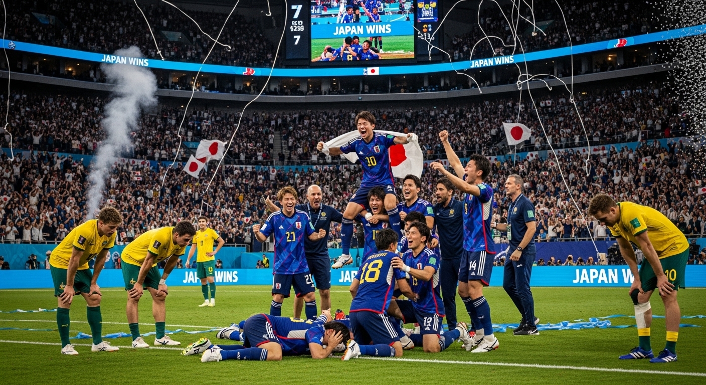 스포츠 경기장에서 일본팀과 호주팀의 치열한 대결과 예기치 못한 승리를 축하하는 모습