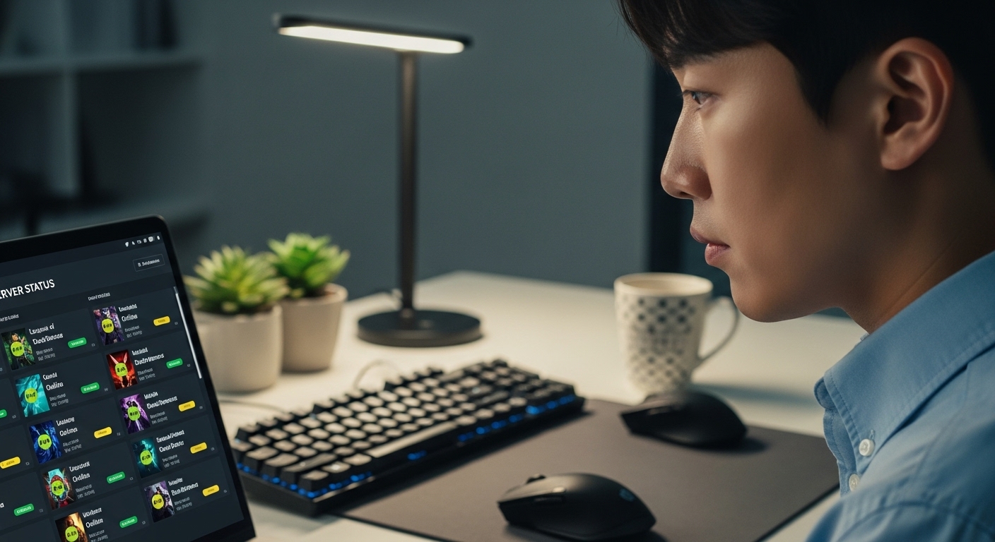직장인이 노트북으로 라이엇 게임즈의 상태 페이지를 확인하는 모습