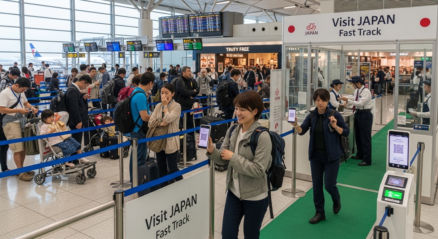 공항에서 비짓재팬 전용 빠른 입국 라인을 이용하는 사람들의 모습
