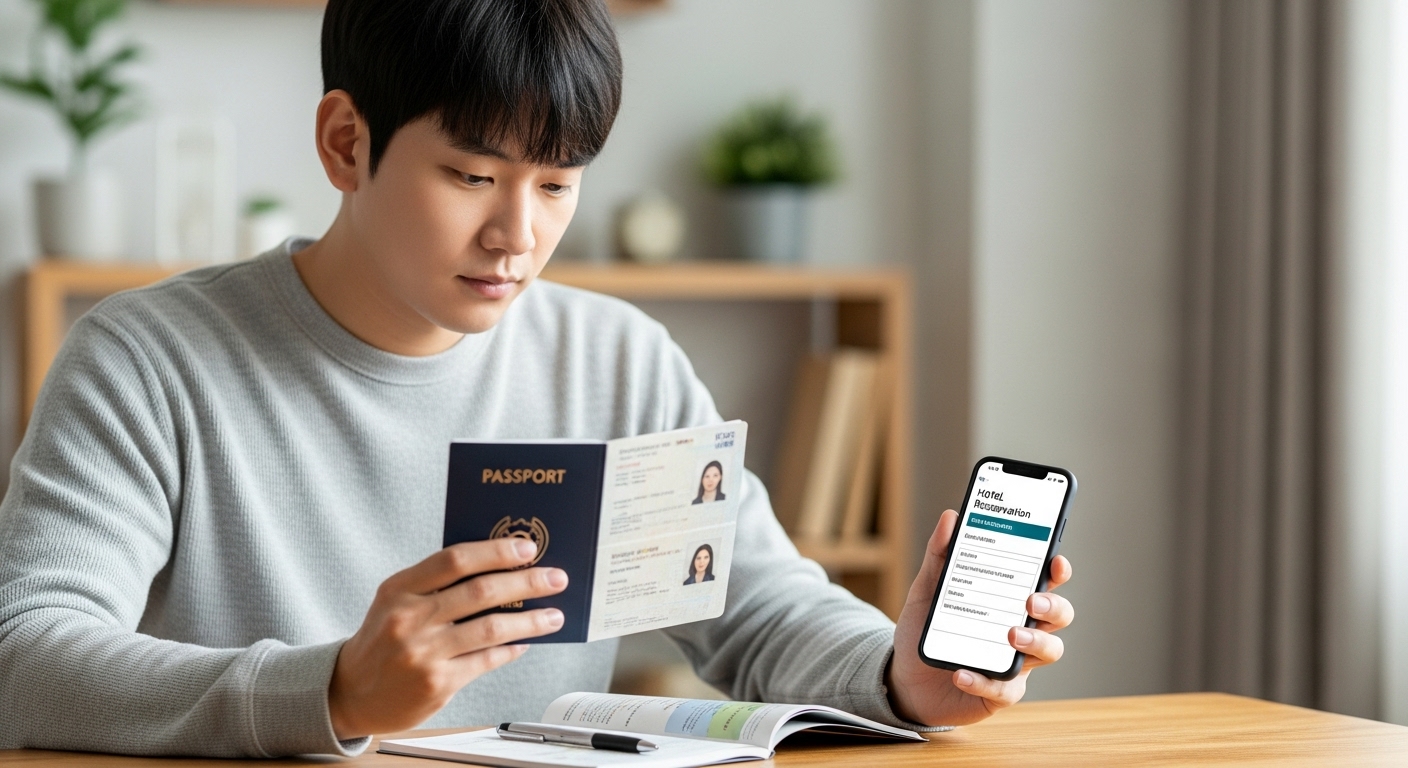 여행 전 여권과 호텔 예약 정보를 스마트폰으로 확인하는 젊은 여행자