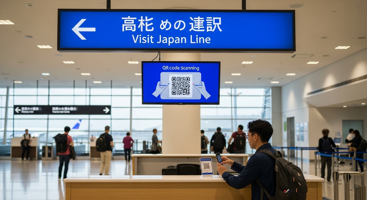 일본 공항 입국 시 비짓재팬 전용 라인을 통해 QR 코드를 스캔하는 모습