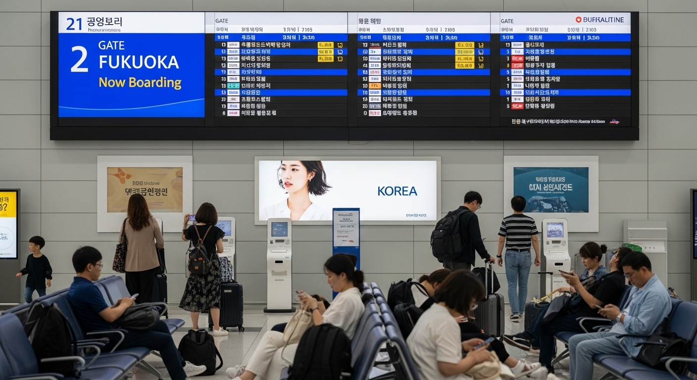 여러 직항 및 경유 비행편이 표시된 공항 출발 게이트의 승객들