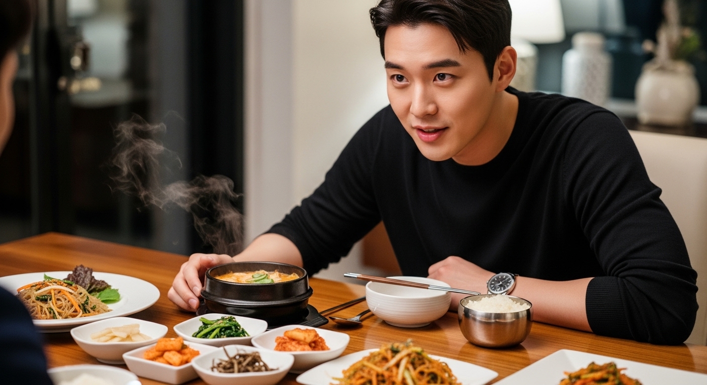 식탁에서 자신감 넘치고 솔직하게 대화를 나누는 젊은 남성