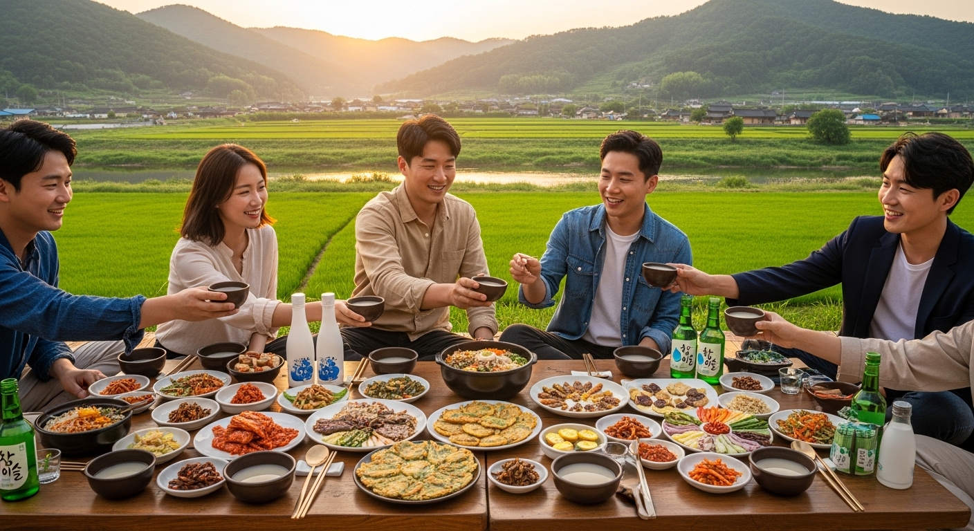 한국 시골 풍경 속 전통 음식과 지역 술을 나누는 사람들