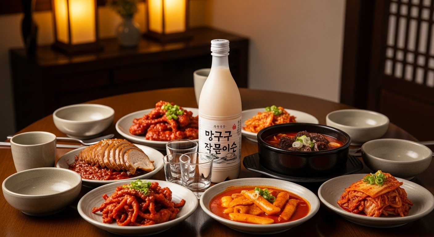 아늑한 식사 공간에서 도구 막걸리와 매콤한 닭발 및 순댓국이 차려진 식탁