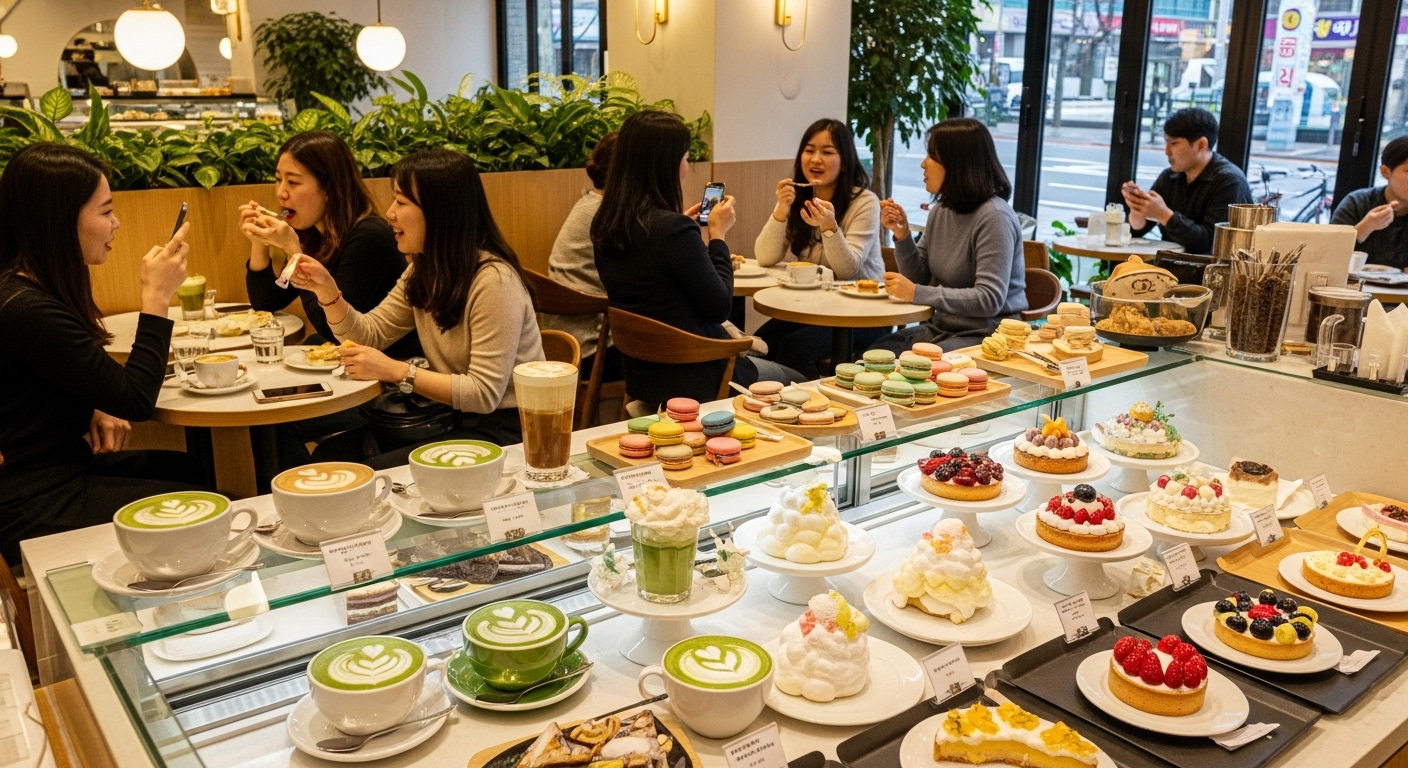 현대적인 한국 카페에서 커피와 디저트를 즐기는 모습