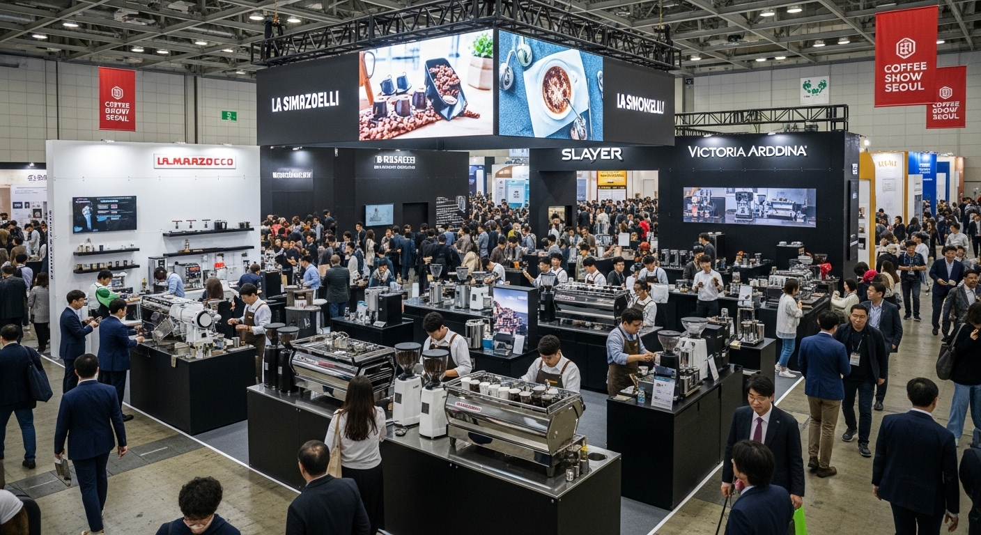 코엑스 전시장에서 국제 브랜드들이 최신 커피 산업 트렌드를 소개하는 장면