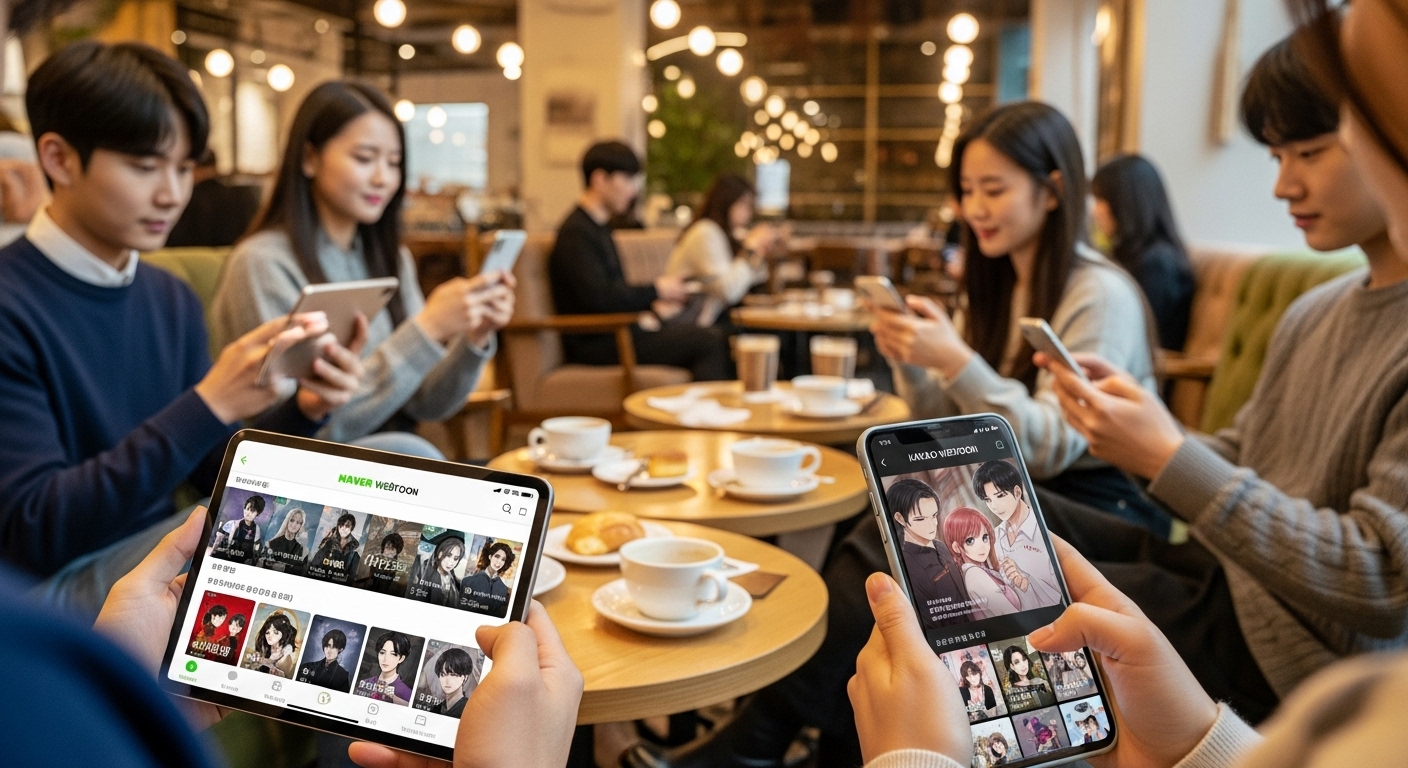젊은 사람들이 카페에서 스마트폰과 태블릿으로 네이버와 카카오 같은 웹툰 플랫폼을 탐색하는 모습