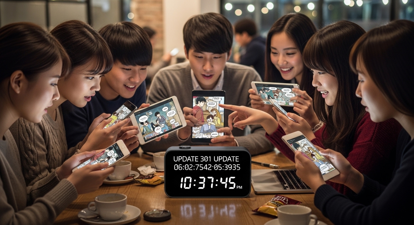 디지털 시계가 자주 업데이트되는 시간을 보여주고 기술에 능숙한 사람들이 새로운 웹툰을 확인하는 모습