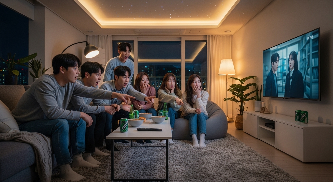 젊은이들이 거실에서 함께 드라마를 시청하며 화기애애한 분위기
