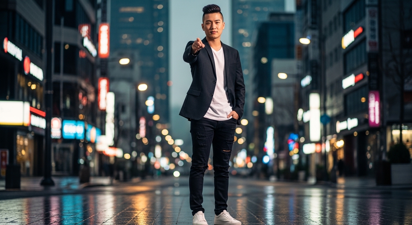 도심 속에서 자신감 있게 서 있는 남성 게임 해설가의 모습