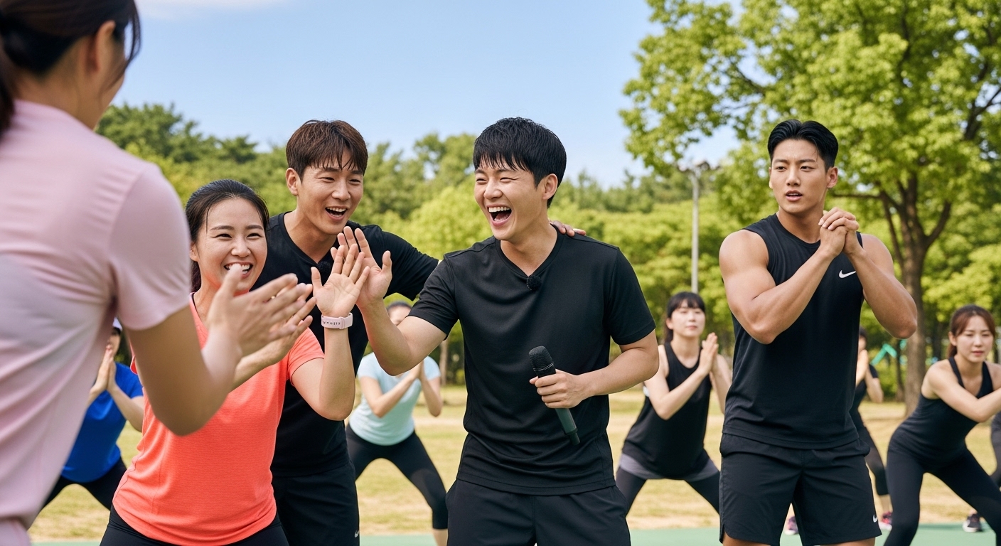 활기찬 피트니스 세션 중 참가자들과 소통하는 한국인 MC 삼인방